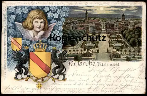 ALTE LITHO POSTKARTE KARLSRUHE WAPPEN FIDELITAS KRONE GREIF ENGEL TOTALANSICHT PANORAMA angel Ansichtskarte postcard cpa