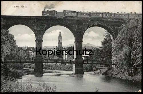ALTE POSTKARTE TRAUNSTEIN VIADUKT MIT DAMPFLOK ZUG Lokomotive Waggon Eisenbahn train cpa postcard AK Ansichtskarte