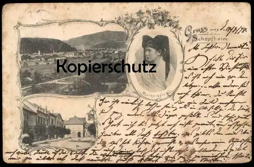 ALTE POSTKARTE GRUSS AUS SCHOPFHEIM 1898 PANORAMA MARKGRÄFLERIN Totalansicht Total Schwarzwald Ansichtskarte AK postcard