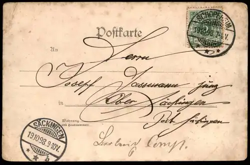 ALTE POSTKARTE GRUSS AUS SCHOPFHEIM 1898 PANORAMA MARKGRÄFLERIN Totalansicht Total Schwarzwald Ansichtskarte AK postcard