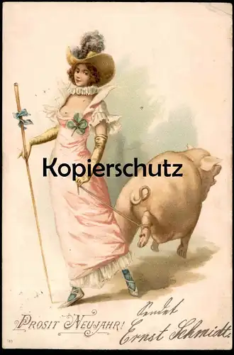 ALTE POSTKARTE PROSIT NEUJAHR FRAU SCHWEIN AM STRICK new year bonne année pig maitre cochon Ansichtskarte postcard cpa