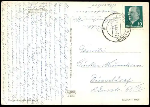 ÄLTERE POSTKARTE LOBENSTEIN THÜRINGEN KULTURHAUS 1962 Ansichtskarte AK cpa postcard