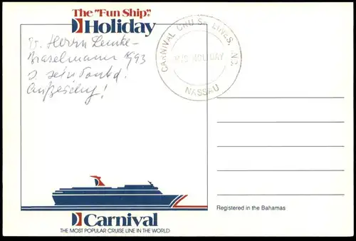 ÄLTERE POSTKARTE MS HOLIDAY THE FUN SHIP CARNIVAL CRUISE LINER STEAMER SHIP STEAMSHIP SCHIFF DAMPFER postcard cpa AK