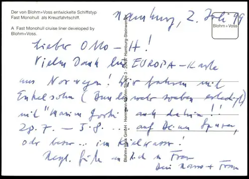 ÄLTERE POSTKARTE FAST MONOHULL ALS KREUZFAHRTSCHIFF BLOHM + VOSS SCHIFF Cruise Liner ship bateau postcard Ansichtskarte