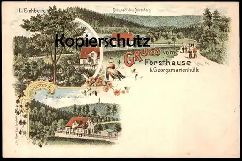 ALTE LITHO POSTKARTE GRUSS VOM FORSTHAUSE BEI GEORGSMARIENHÜTTE BLICK NACH DEM DÖRENBERGE Forsthaus Dörenberg AK cpa