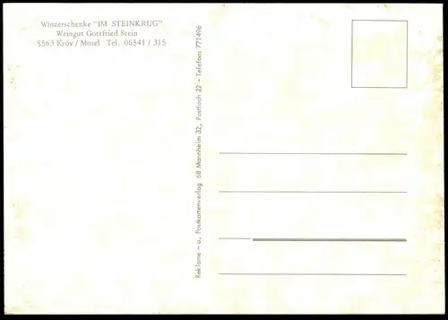 ÄLTERE POSTKARTE KRÖV WINZERSCHENKE IM STEINKRUG WEINGUT GOTTFRIED STEIN BAUMSCHEIBEN ALS TISCH Ansichtskarte postcard