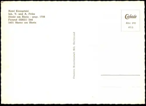 ÄLTERE POSTKARTE HOTEL KÖNIGSTUHL GEGRÜNDET 1706 RHENS AM RHEIN INHABER V. & A. FELKE Ansichtskarte AK postcard cpa
