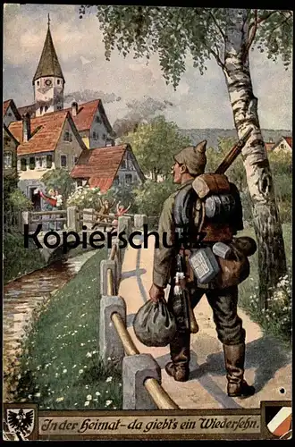 ALTE POSTKARTE SOLDAT IN DER HEIMAT DA GIEBT'S EIN WIEDERSEHEN GIBT ES WWI WELTKRIEG Patriotik Ansichtskarte postcard AK