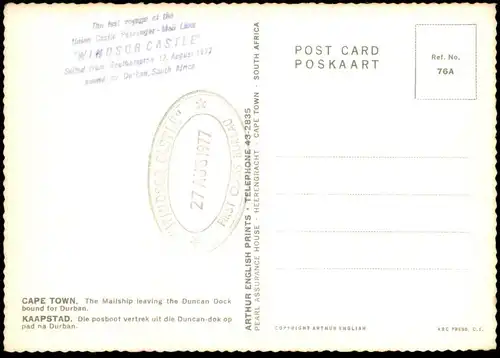 ÄLTERE POSTKARTE MAILSHIP LEAVING DUNCAN DOCK CAPE TOWN KAAPSTAD KAPSTADT DAMPFER WINDSOR CASTLE Schiff ship postcard AK