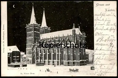 ALTE POSTKARTE GRUSS AUS XANTEN ST. VICTOR DOM BEI NACHT SCHNEE by night nuit snow Winter church église Schlitten luge