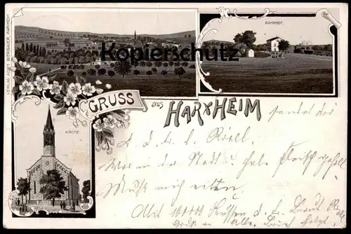 ALTE LITHO-POSTKARTE GRUSS AUS HARXHEIM BAHNHOF DAMPFLOK KIRCHE Bodenheim Zug Train Railway Eisenbahn station gare cpa