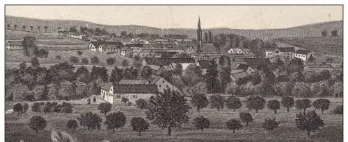 ALTE LITHO-POSTKARTE GRUSS AUS HARXHEIM BAHNHOF DAMPFLOK KIRCHE Bodenheim Zug Train Railway Eisenbahn station gare cpa