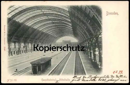 ALTE POSTKARTE DRESDEN HAUPTBAHNHOF MITTELHALLE Bahnhof Gare Station Hanschriftlich Beschreibung des Bahnhofs postcard