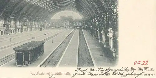ALTE POSTKARTE DRESDEN HAUPTBAHNHOF MITTELHALLE Bahnhof Gare Station Hanschriftlich Beschreibung des Bahnhofs postcard