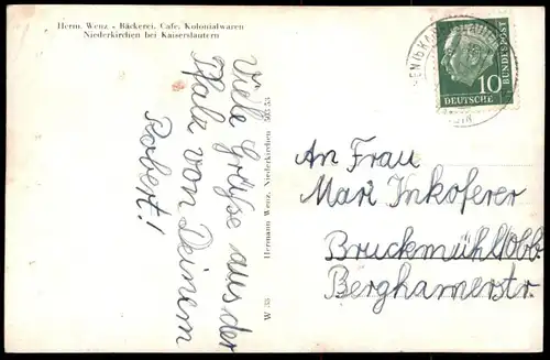 ÄLTERE POSTKARTE NIEDERKIRCHEN BEI KAISERSLAUTERN Otterberg rückseitig Herm. Wenz Bäckerei Cafe Ansichtskarte postcard