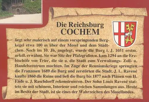POSTKARTE COCHEM MOSEL REICHSBURG WAPPEN & GESCHICHTE CHRONIK Chronikkarte chronique chronicle storycard cpa postcard