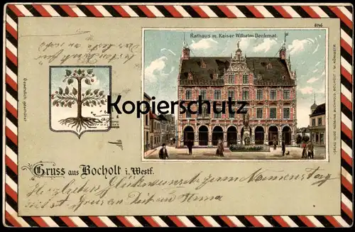 ALTE LITHO POSTKARTE GRUSS AUS BOCHOLT RATHAUS M. KAISER-WILHELM-DENKMAL Wappen Baum Tree Arbre Coat of arms Blason cpa