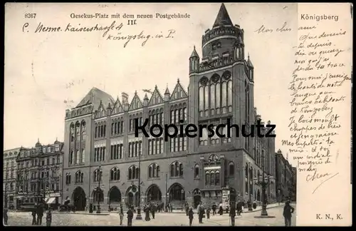 ALTE POSTKARTE KÖNIGSBERG KALININGRAD KROLEWIEC GESEKUS-PLATZ MIT DEM NEUEM POSTGEBÄUDE Koenigsberg Polska Polen Poland