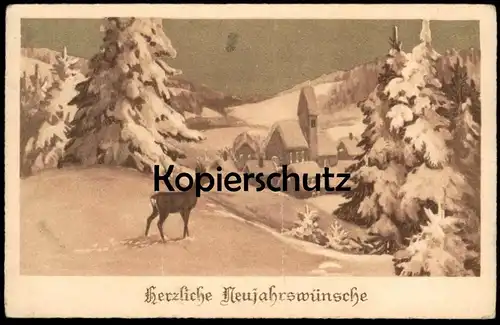 ALTE POSTKARTE VERSCHNEITES DORF REH IM SCHNEE WINTER roe deer chevreuil new year nouvel an Dachauer Michel Nr 658