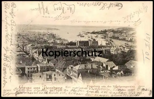 ALTE POSTKARTE GRUSS AUS FLENSBURG AUS DER VOGELPERSPECTIVE Vogelperspektive Hafen Harbour Theater-Schauspieler