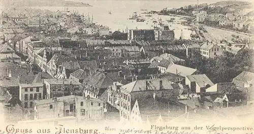 ALTE POSTKARTE GRUSS AUS FLENSBURG AUS DER VOGELPERSPECTIVE Vogelperspektive Hafen Harbour Theater-Schauspieler