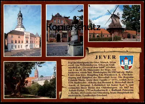 POSTKARTE JEVER MIT WAPPEN & GESCHICHTE CHRONIK Chronikkarte chronique chronicle storycard Mühle Windmill Molen Mill