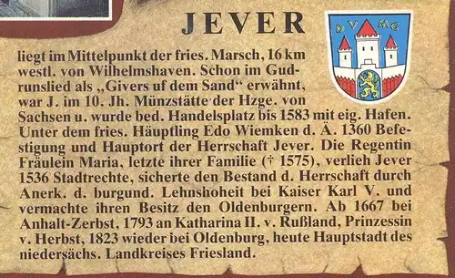 POSTKARTE JEVER MIT WAPPEN & GESCHICHTE CHRONIK Chronikkarte chronique chronicle storycard Mühle Windmill Molen Mill