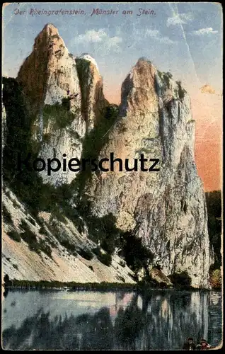 ALTE POSTKARTE BAD MÜNSTER AM STEIN DER RHEINGRAFENSTEIN MIT ZWEI PERSONEN IM VORDERGRUND cpa postcard AK Ansichtskarte
