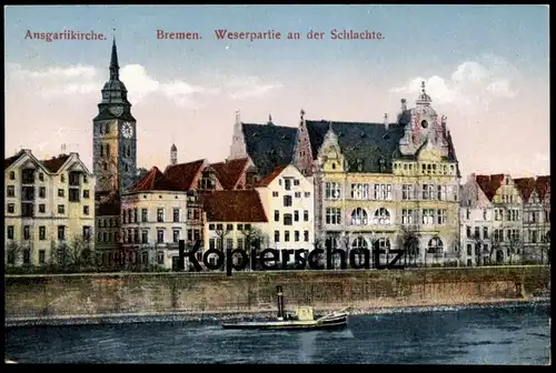 ALTE POSTKARTE BREMEN ANSGARIIKIRCHE WESTERPARTIE AN DER SCHLACHTE Kirche Church Ship Église postcard cpa Ansichtskarte