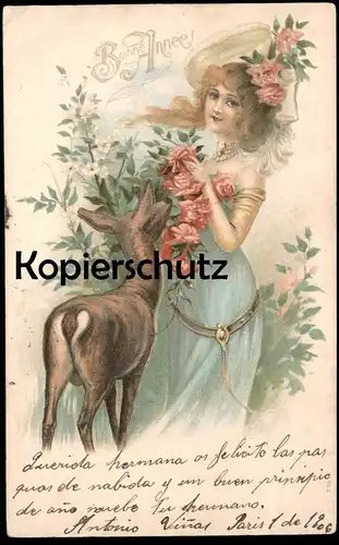 ALTE PRÄGE POSTKARTE REH & FRAU Chevreuil & Femme Cervo & Woman Bonne Année cpa gaufrée gauffrée embossed Ansichtskarte