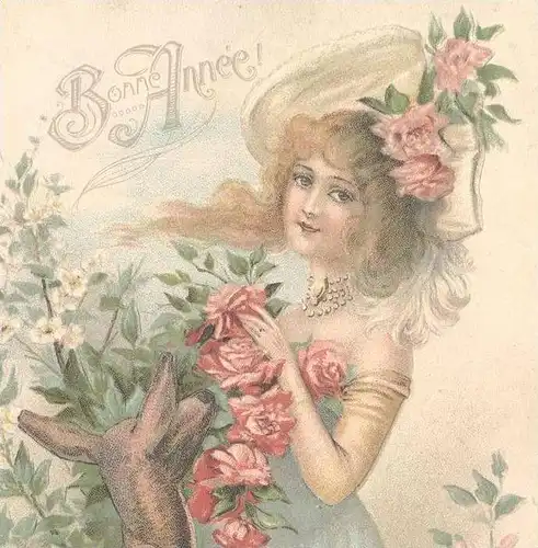 ALTE PRÄGE POSTKARTE REH & FRAU Chevreuil & Femme Cervo & Woman Bonne Année cpa gaufrée gauffrée embossed Ansichtskarte