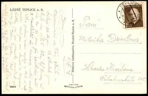 ALTE POSTKARTE LAZNE TEPLICE NAD BECVOU 1948 Tschechische Republik ceska republika czech republic postcard