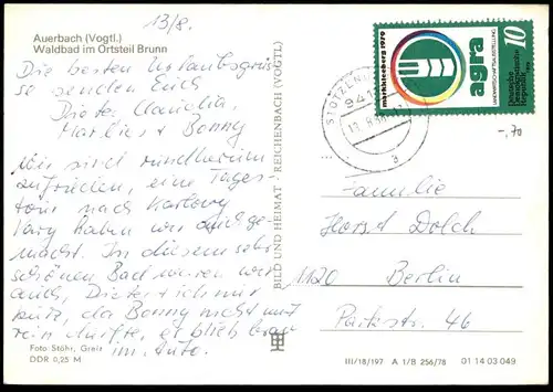 ALTE POSTKARTE WALDBAD BRUNN AUERBACH Bad bath piscine swimming pool Freibad Schwimmbad postcard MiNr. 2428 agra 1978