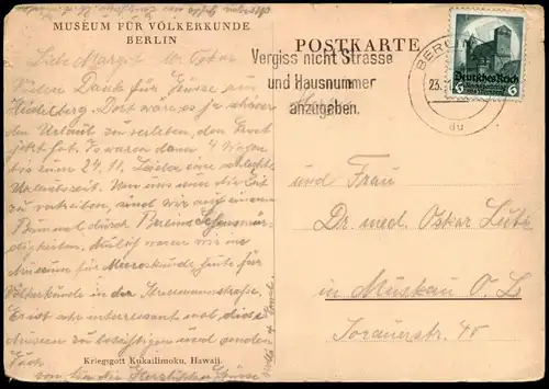 ALTE POSTKARTE KRIEGSGOTT GOTT KUKAILIMOKU HAWAII MUSEUM FÜR VÖLKERKUNDE BERLIN 1934 Ansichtskarte AK cpa postcard