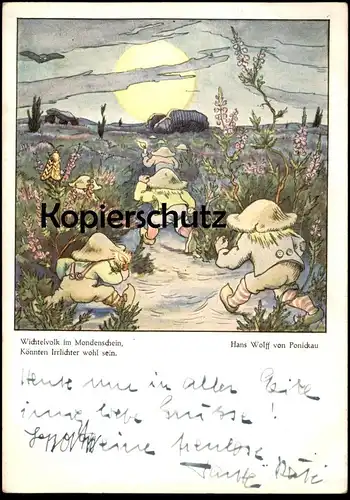 ALTE POSTKARTE WICHTELVOLK IM MONDENSCHEIN KÖNNTEN IRRLICHTER WOHL SEIN WICHTEL ZWERG EULE OWL HANS WOLFF VON PONICKAU