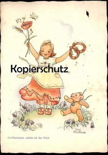 ALTE POSTKARTE MÄDCHEN MIT BLUME BREZEL KIND TEDDY BÄR 1935 SIGN. ILSE NORDHAUS enfant child postcard cpa