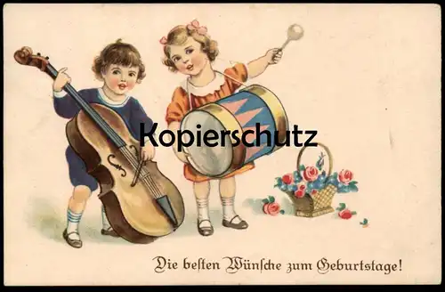 ALTE POSTKARTE DIE BESTEN WÜNSCHE ZUM GEBURTSTAGE KINDER GITARRE BASS TROMMEL MUSIK RECHTECKSTEMPEL STEESOW cpa postcard