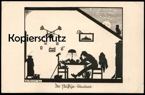 ALTE KÜNSTLER POSTKARTE DER FLEISSIGE STUDENT FLORETT ELSBETH FORCK Studentika Studentica Scherenschnitt Katze cat cpa