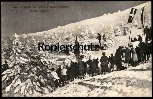 ALTE POSTKARTE WINTERSPORT AUF DEM RIESENGEBIRGE SPRUNGLAUF SKISPRINGEN Ski springen Skispringer Schlesien Karkonosze