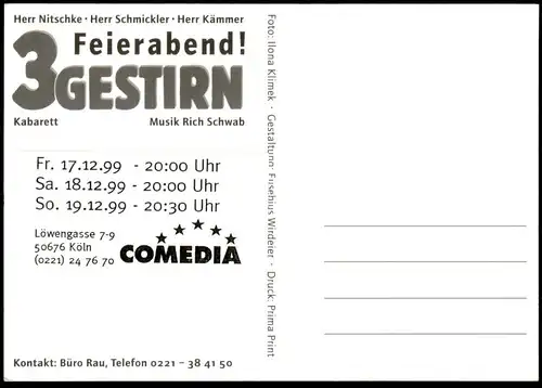 ÄLTERE POSTKARTE KABARETT NITSCHKE SCHMICKLER KÄMMER FEIERABEND 3GESTIRN COMEDIA KÖLN MUSIK SCHWAB postcard AK cpa