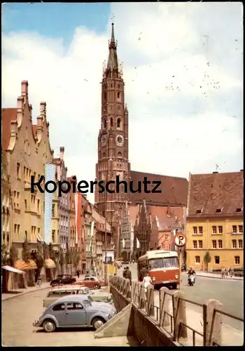 ÄLTERE POSTKARTE LANDSHUT ST. MARTINSKIRCHE BUS VW KÄFER Auto Autos cars postcard AK Ansichtskarte