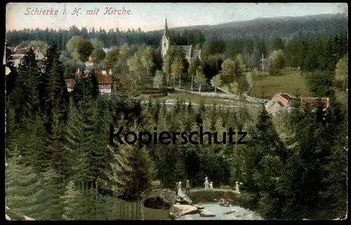 ALTE POSTKARTE SCHIERKE IM HARZ MIT KIRCHE 1911 PERSONEN AN DER BODE AK Ansichtskarte cpa postcard