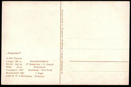 ALTE POSTKARTE S.S. VATERLAND STEAMER SHIP STEAMSHIP SCHIFF DAMPFER bateau à vapeur Paquebot Hamburg-New York 7 Tage