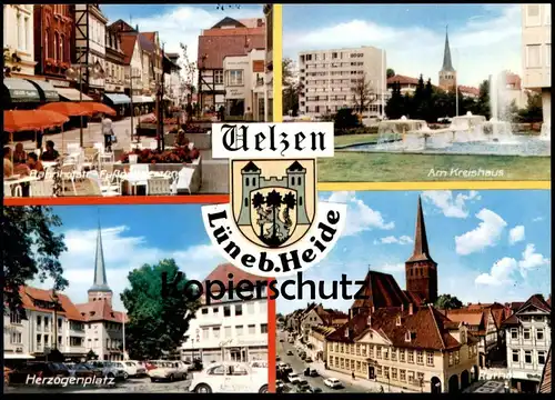 ÄLTERE POSTKARTE UELZEN HERZOGENPLATZ AM KREISHAUS FUSSGÄNGERZONE BAHNHOFSTRASSE RATHAUS VW Käfer Ansichtskarte postcard