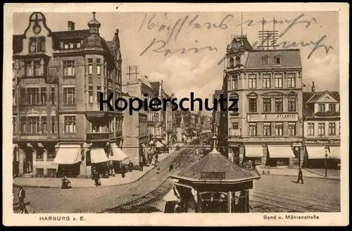 ALTE POSTKARTE HAMBURG HARBURG SAND UND MÜHLENSTRASSE J. HEITMANN FISCHE WILD ATELIER ATLANTIC KIOSK AK Ansichtskarte