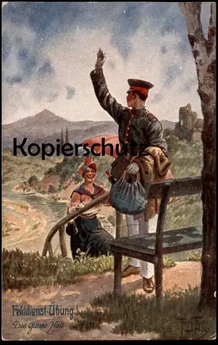 ALTE KÜNSTLER POSTKARTE ARTHUR THIELE FELDDIENST-ÜBUNG DAS GANZE HALT SOLDAT PAAR FRAU SCHIRM Ansichtskarte postcard cpa