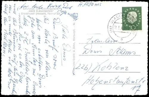 ÄLTERE POSTKARTE GLADENBACH HAUS BLANKENSTEIN SCHULUNGS- UND ERHOLUNGSHEIM HESSEN cpa postcard Ansichtskarte AK