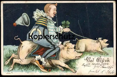 ALTE POSTKARTE CLOWN REITET AUF SCHWEIN STRICK VIEL GLÜCK IM NEUEN JAHRE new year bonne année pig maitre cochon postcard