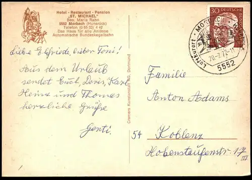 ÄLTERE POSTKARTE MORBACH HUNSRÜCK HOTEL RESTAURANT PENSION ST. MICHAEL BESITZERIN MARIA RAHN Drache dragon cpa AK
