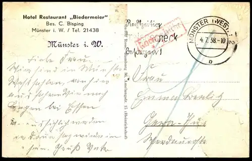 ALTE POSTKARTE MÜNSTER HOTEL RESTAURANT BIEDERMEIER 1938 BESITZER C. BISPING WESTFALIA PILS Bier Westfalen Ansichtskarte